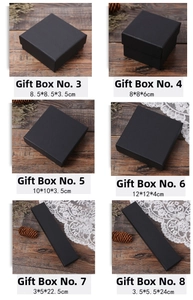 Tableau des tailles détaillé pour six dimensions de boîtes cadeaux en kraft noir