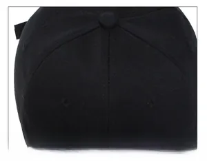 Detailed close-up of a black baseball cap featuring 6-panel stitching and a top button