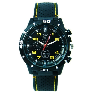 Detail of racing sports watch with yellow stitching on black silicone strap and red second hand
