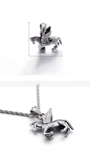 Detailed view of Pegasus pendant with dimensions 48mm by 42mm in stainless steel