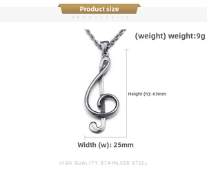 Detailed size chart showing 63mm musical note stainless steel pendant weight 9g