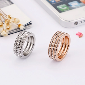 Classic triple-row zircon spiral rings in silver and rose gold stainless steel