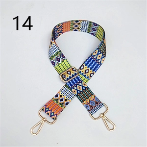 Detailed view of an adjustable wide strap with colorful geometric patterns and gold clips