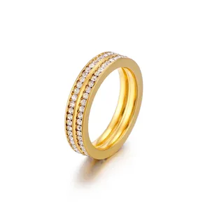 Double Row Pave Zircon Stainless Steel Ring Full Circle Rhinestone Fashion Band Jewelry For Women