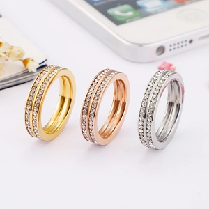 Set of three stainless steel double row diamond rings in gold rose gold and silver