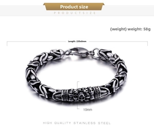 Detailed view of men's vintage stainless steel skull chain bracelet with dimension specs