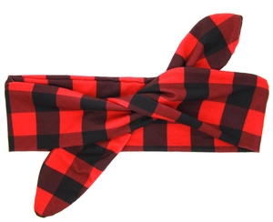 Close-up of red and black buffalo plaid headband set with bunny ear knot detail