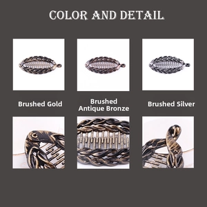 Detail view of retro banana hair clips in painted gold, bronze and silver finishes