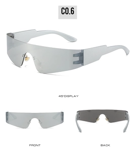 Detailed views of futuristic silver rimless sunglasses with reflective liquid metal mirror lenses