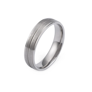 Minimalist brushed titanium steel couple ring with parallel grooves and polished interior