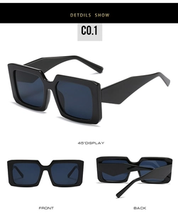 Three-angle view of chunky black square sunglasses showing thick frame and dark lenses