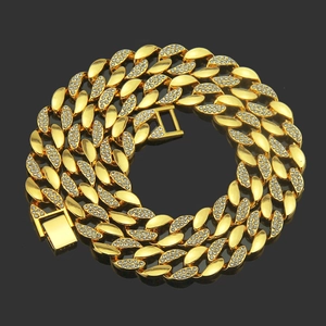 Gold plated Cuban link chain necklace with sparkling pave diamonds and square clasp buckle
