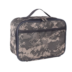 Digital camo Oxford cloth lunch bag featuring durable handles and double zipper detail