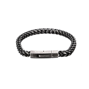 Detailed macro view of 316L stainless steel bracelet with square snap clasp and vintage chain