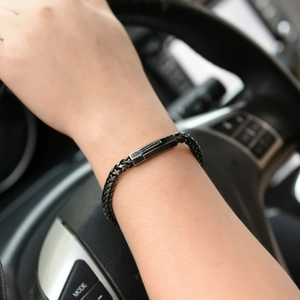 Men's retro stainless steel braided wheat chain bracelet with a gun grey metallic finish