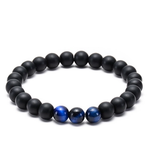 Elastic beaded bracelet with matte black lava stones and blue tiger eye gemstone beads