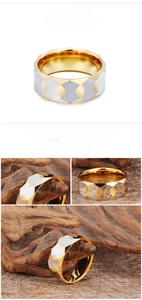 Macro detail of geometric faceted tungsten ring with silver and gold bicolor finish