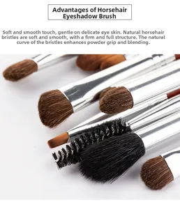 Detail of natural pony hair bristles on eye makeup brushes with mahogany wood handles