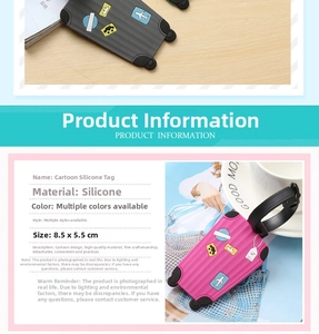 Detail showing pink and grey travel suitcase-shaped silicone luggage tags with strap