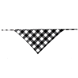 Detailed close-up of a classic black and white plaid cotton pet bandana on white background