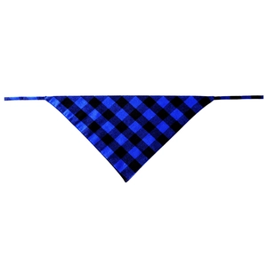 Close-up of blue and black plaid pattern on a cotton triangle dog bandana scarf