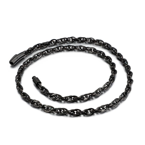 Polished black stainless steel rope chain necklace for men in a circular display layout
