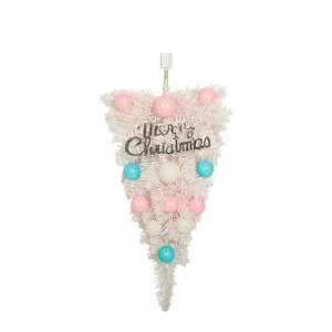 Pink and white inverted Christmas tree with pastel ornaments and Merry Christmas sign