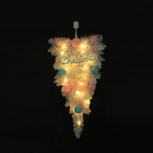 Pink flocked Christmas teardrop swag with colorful macaron balls and warm LED lights