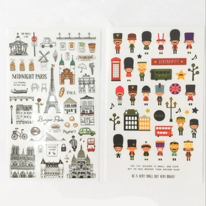Detailed view of Paris and London watercolor travel stickers for DIY journals