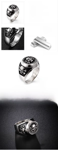 Macro detail of men's vintage stainless steel skull ring showing 22mm width and 32g weight