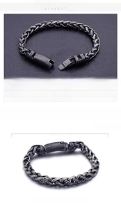 Close-up of black stainless steel braided chain bracelet with size measurements 220mm length