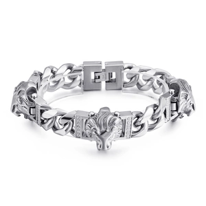 Hip hop stainless steel lion head bracelet for men with silver Cuban chain and clear zircons