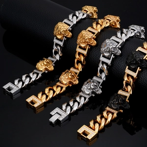 Hip hop lion head cuban chain bracelets in gold and silver steel with rhinestones