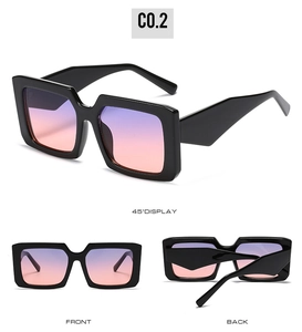 Detailed views of square sunglasses with black frames and purple-pink gradient lenses
