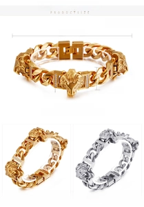Detail of 18K gold plated hip hop lion head bracelet featuring inlaid zircon stones