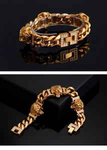Detail of golden lion cuban chain bracelet with white zircon stones on black background