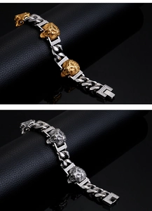 Detailed view of hip hop lion head bracelets with cubic zirconia in gold and silver