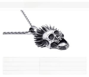 Detailed punk style stainless steel skull pendant with mohawk spikes and twisted chain