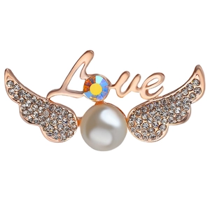 Rose gold brooch with sparkling rhinestones, Love letters and large white pearl