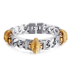 Men's stainless steel curb chain bracelet with golden Buddha heads and zircon accents
