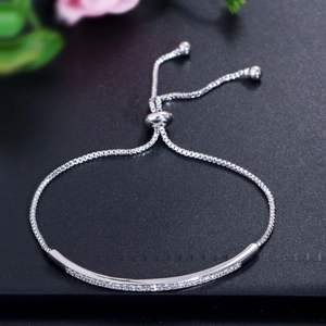 Close-up of silver adjustable box chain bracelet with sparkling micro-pave cubic zirconia