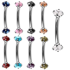 Stainless steel curved barbell piercings with multi-color zircon stones set in polished metal