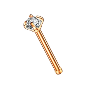 Polished rose gold stainless steel nose stud with four-prong round zircon setting