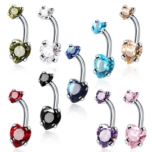 Set of 9 stainless steel belly button rings with colorful heart-shaped cubic zirconia stones