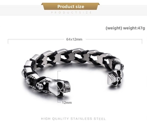 Detail view of 47g stainless steel skull bangle with black braided leather and dimensions