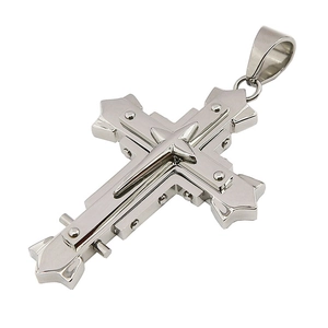 Mens dark knight silver cross necklace with rivet details in multilayered stainless steel
