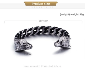 Detailed size specifications of wolf head leather bracelet with 53g weight and 68x15mm dimensions