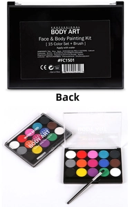 Detail view of the 15-color water-based face and body paint kit with a professional brush