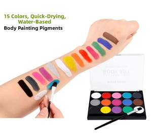 Arm swatches of 15-color water-based body paint palette with professional brush