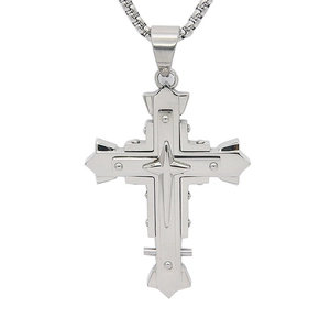 Detail of silver double-layer cross pendant with rivets on a square box chain
